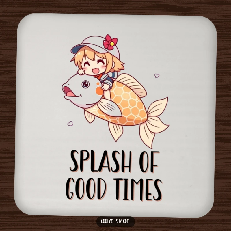 Funny drink coaster showing a character joyfully riding a huge koi fish. Protects furniture with a whimsical and humorous design.