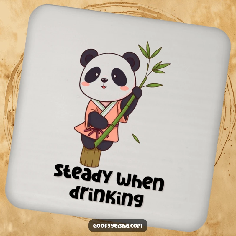 Funny drink coaster featuring a small panda in a kimono trying to balance on a single bamboo stalk, a comical coaster design.