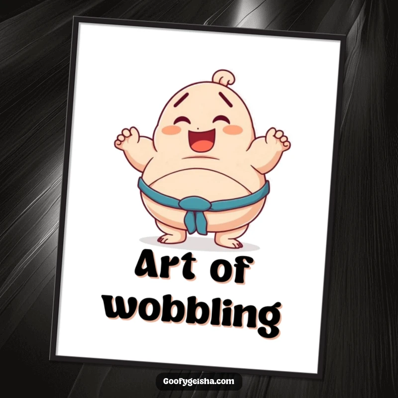 Funny poster art of a smiling character attempting a sumo pose, captured mid-wobble, highlighting athletic humor.