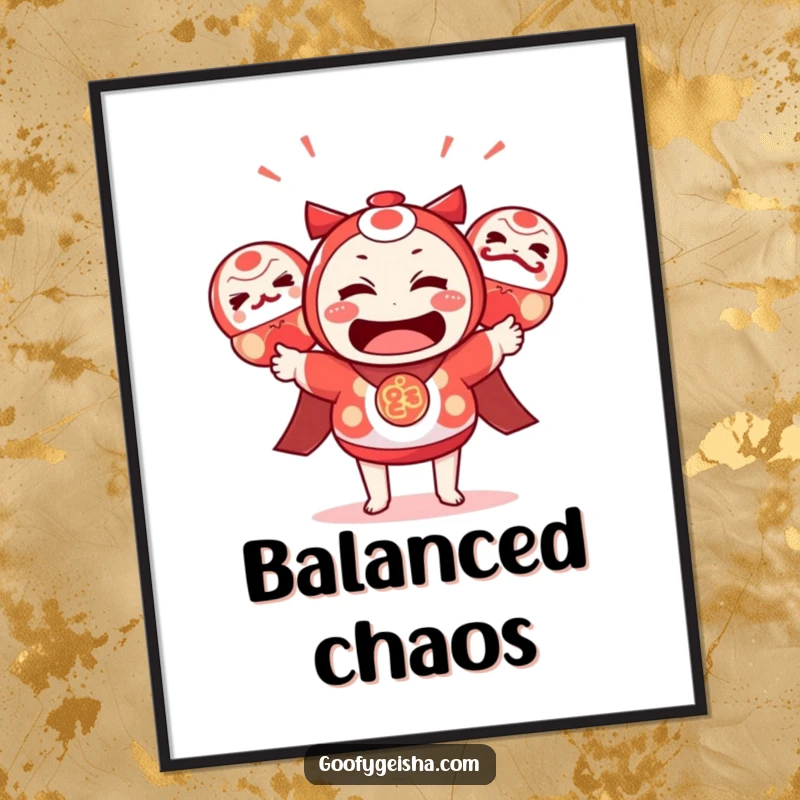 Funny Kawaii Poster: Character comically juggling daruma dolls with a bewildered look, adding humor to walls. Great funny gift.