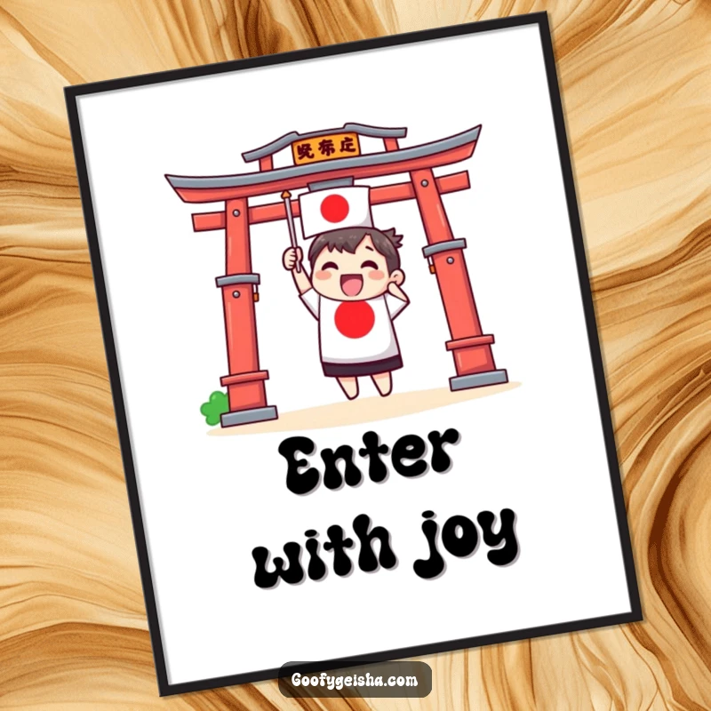 Funny poster illustrating an excited Torii gate character energetically waving a small Japanese flag, bringing a touch of cultural celebration.