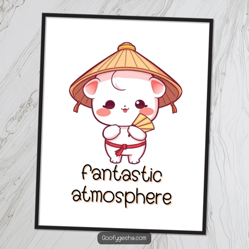Funny poster art showcasing a Kawaii character in a Japanese hat, comically fanning itself, bringing a touch of playful heat relief.