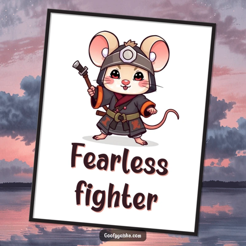 Funny Poster: A little mouse samurai striking a playful pose, capturing a moment of miniature heroism and witty charm.