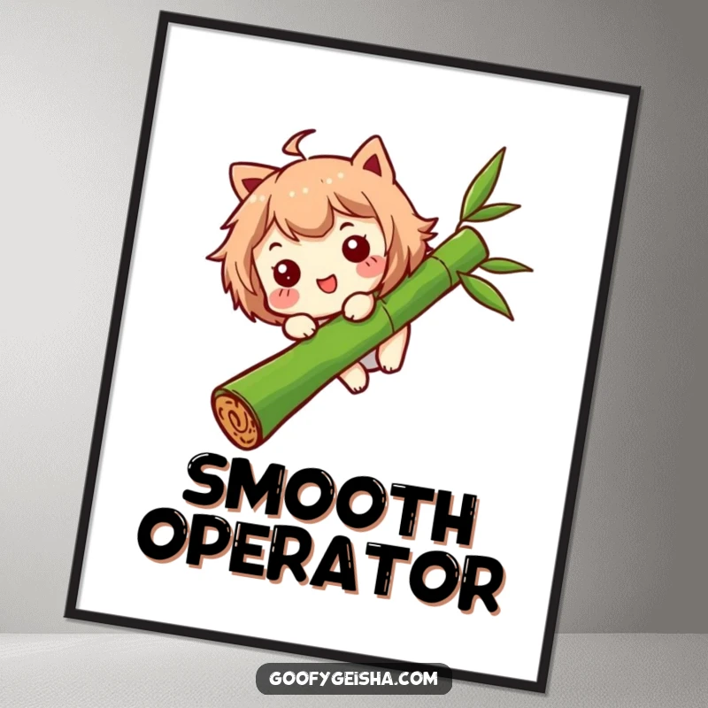 Funny poster of a character with a funny expression sliding down a bamboo stalk, adding a whimsical and humorous touch to decor.