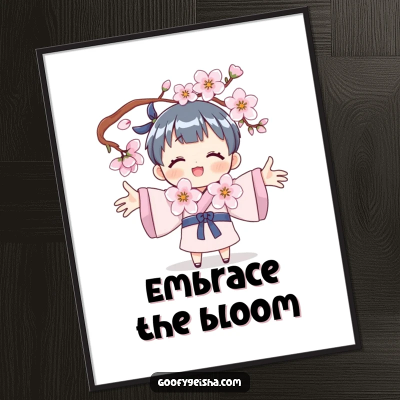 Funny poster illustrating a character joyfully embracing a blooming cherry blossom, conveying serenity and a love for nature.