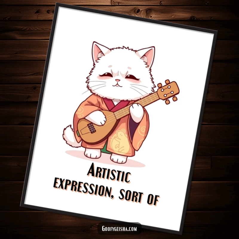 Funny Poster featuring a fluffy white cat in a vibrant kimono, awkwardly playing a shamisen, evoking a sense of humorous artistic struggle.