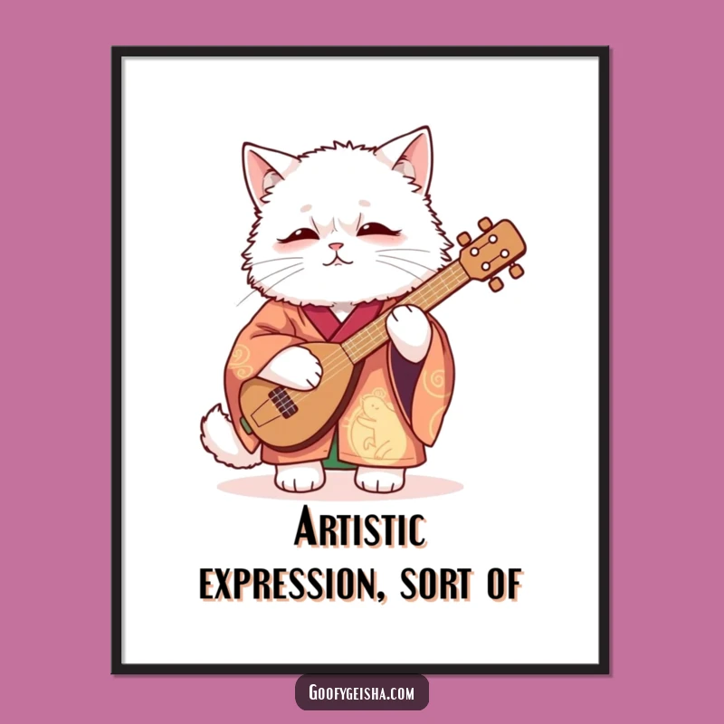 Funny Cat Shamisen Poster: Kimono Cat Art, Hilarious Funny Gift