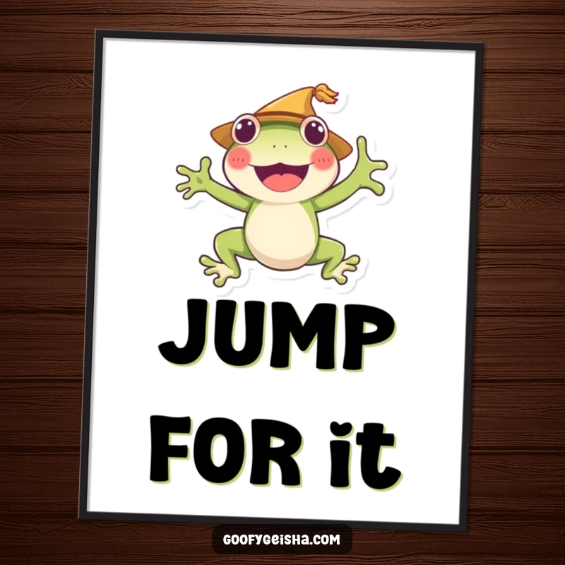 Funny frog poster artwork of a cheerful character in a straw hat, captured in a joyful jump. Adds fun and energy to walls.