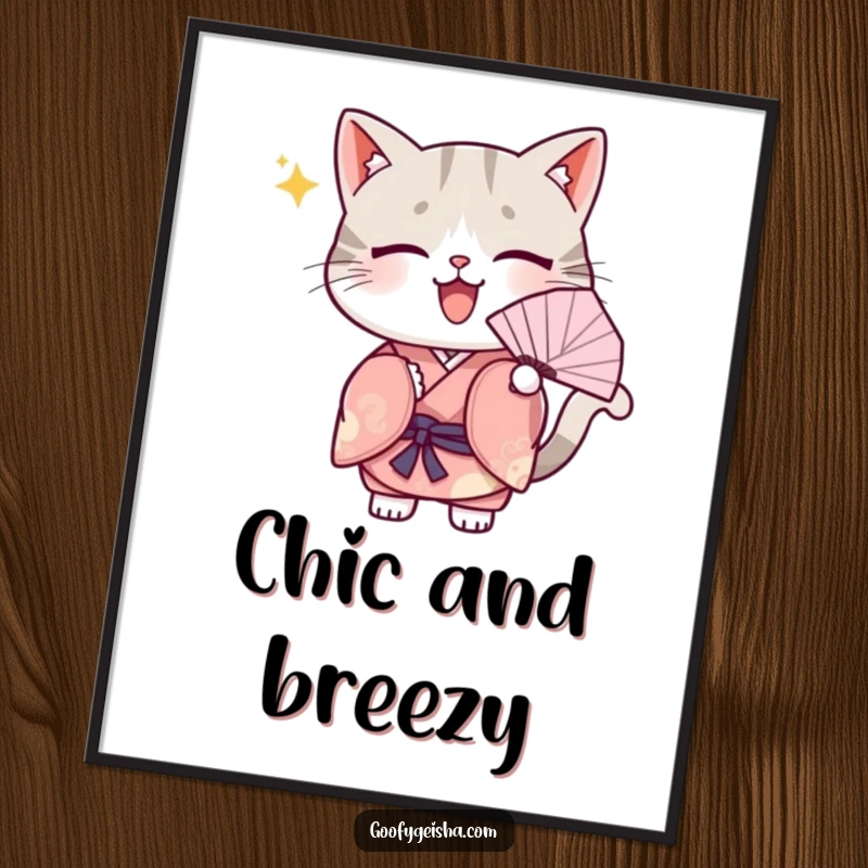 Funny Poster: A Kawaii cat in a kimono, energetically fanning itself, embodying adorable charm and refreshing coolness.