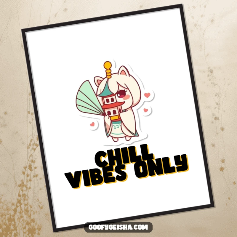 Funny Kawaii poster capturing a cute character using a big fan to gently stir the air around a minuscule pagoda, evoking whimsical delight.