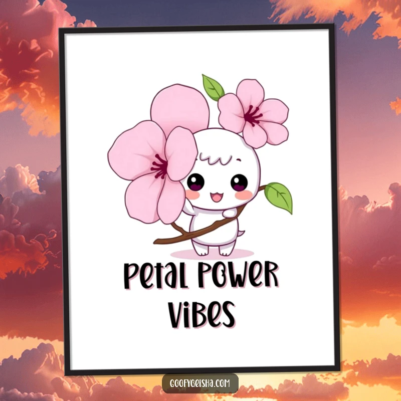 Funny Kawaii poster featuring a mischievous character gently tapping a large cherry blossom petal, perfect for cute and humorous wall art.
