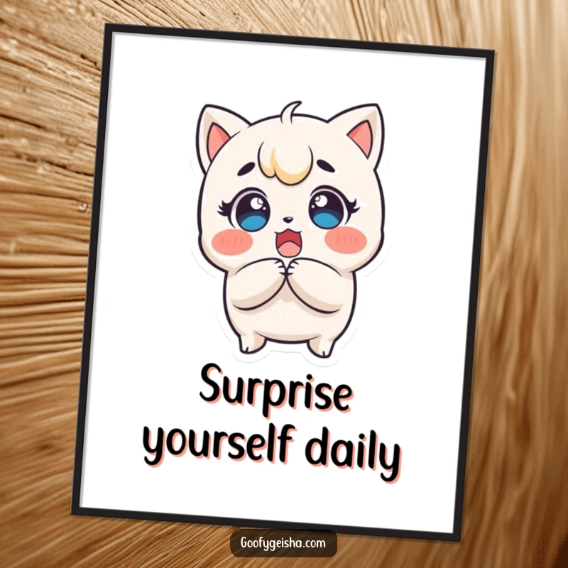 Funny Kawaii Poster: Surprised character clutching head, eyes wide with delight, a vibrant and humorous piece capturing expressive shock.