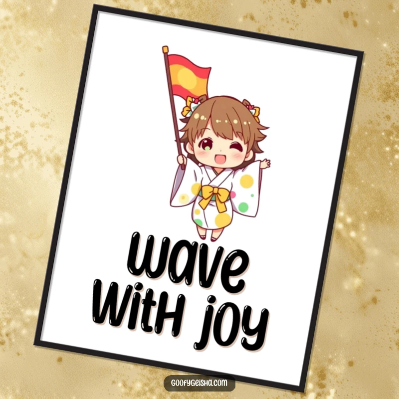 Funny poster of a character in a kimono excitedly waving a colorful flag, symbolizing joy and festive celebration, a fun artwork.
