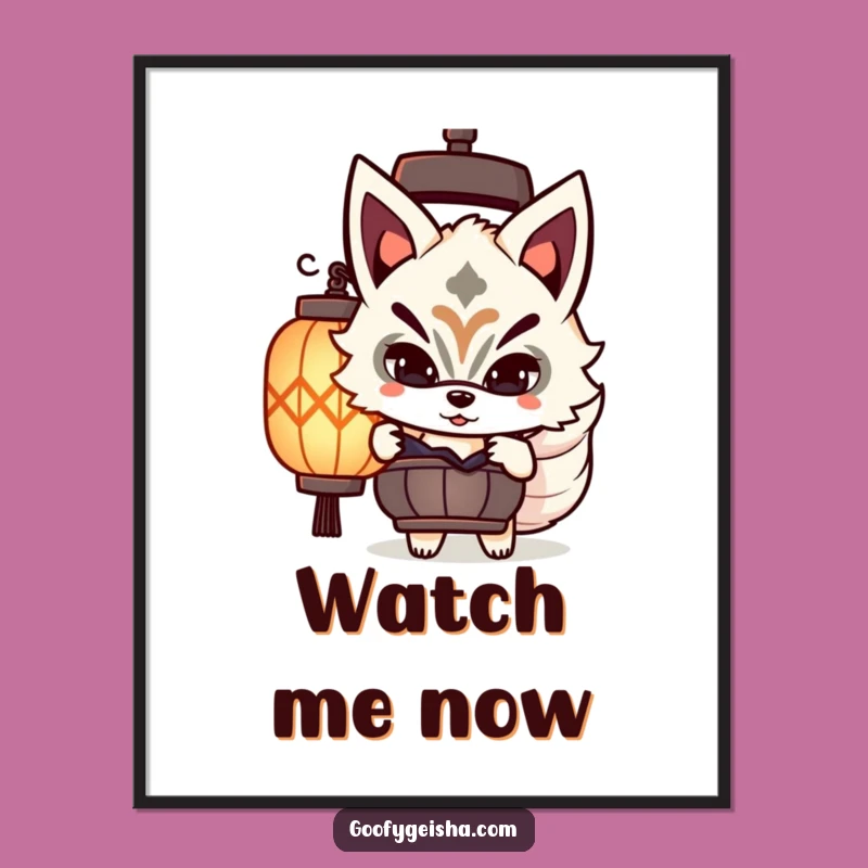 Funny Kitsune Mask Poster: Playful Peeking Character Art for Intriguing Decor