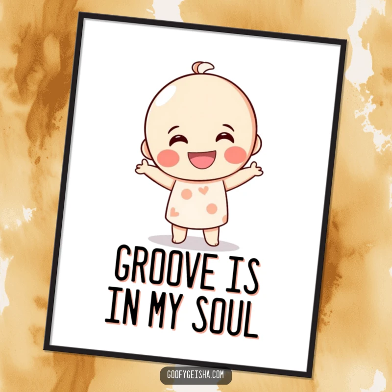 Funny Kokeshi doll poster depicting a grinning character mid-silly dance, radiating pure energy and humorous joy, ideal for vibrant wall decor.