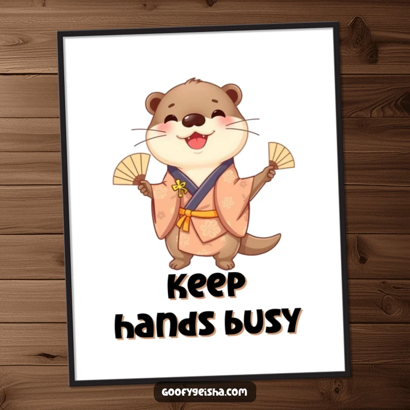 Funny cheerful otter wearing a kimono, juggling small fans with great skill, ideal for a dynamic and humorous poster.