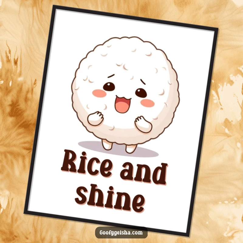 Funny poster print of a character with an utterly silly expression, joyfully cradling a large, bouncy rice ball.
