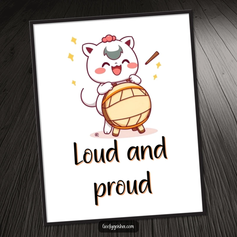 Funny poster art of a Kawaii character happily playing a Taiko drum with exaggerated, energetic motions, celebrating music and joy.