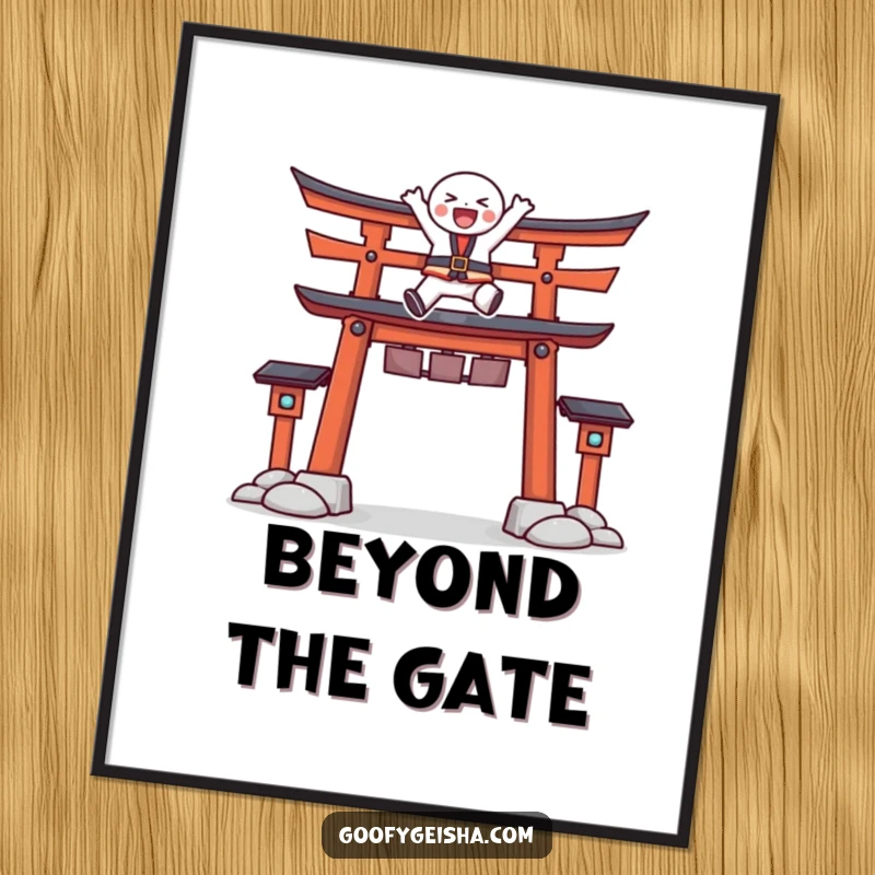 Funny poster displaying a character joyfully leaping energetically over a stylized Torii gate, capturing a moment of pure exhilaration.