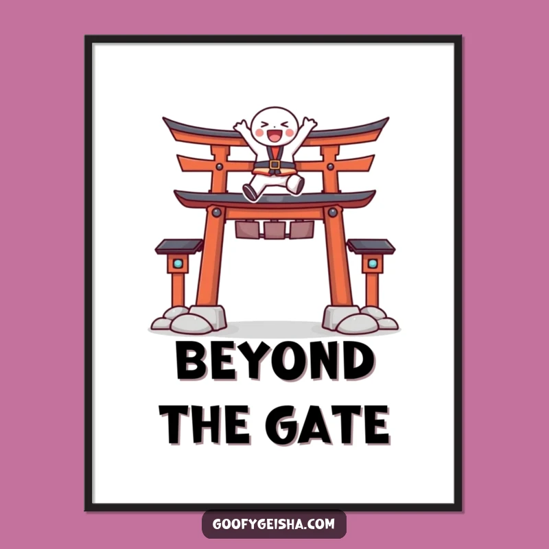 Funny Torii Gate Leap Poster: Joyful Character's Energy, Artistic Funny Gift