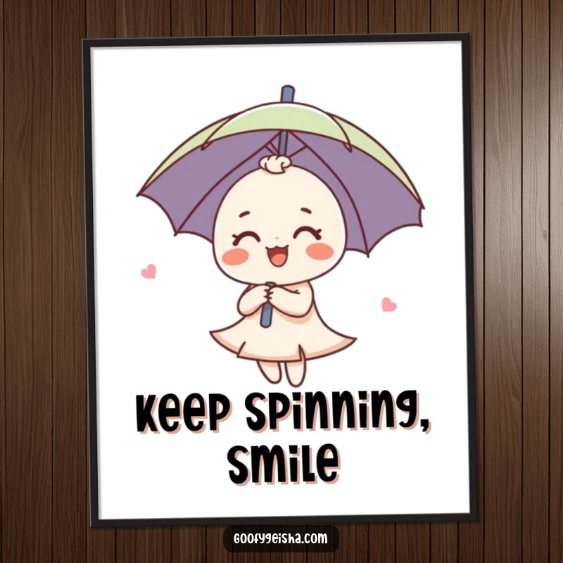 Funny Umbrella Poster depicting a cute umbrella character spinning with a joyful expression, bringing a sense of fun and movement.
