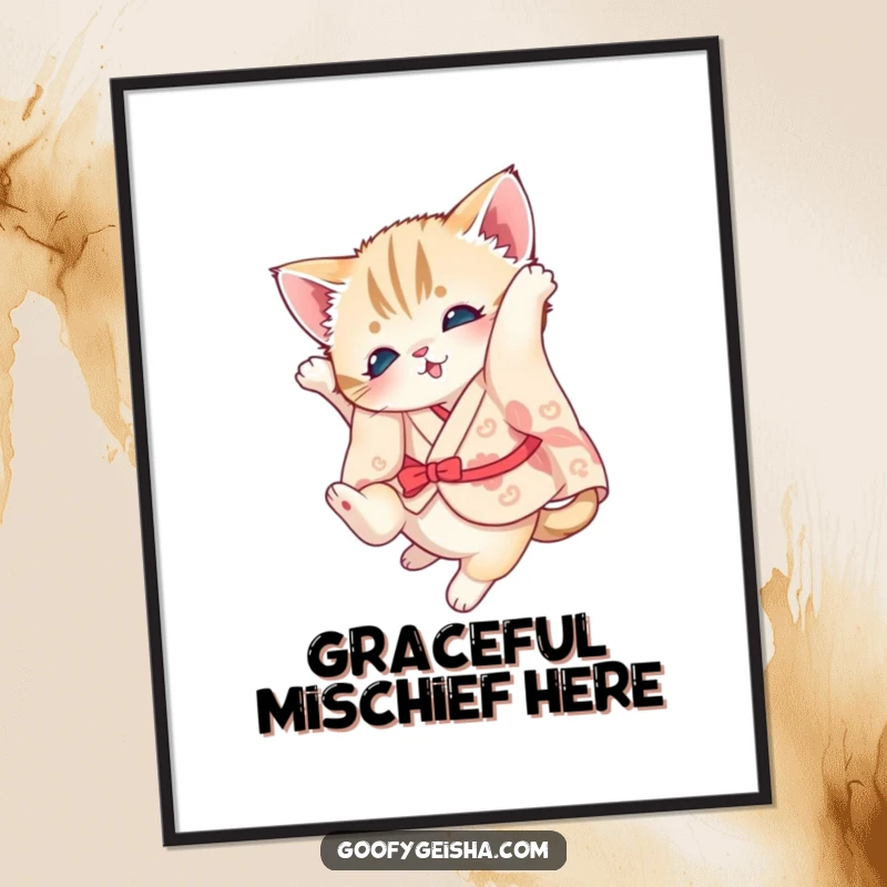 Funny kitten poster print of a kitten in a tiny kimono performing a somersault, bringing playful energy.