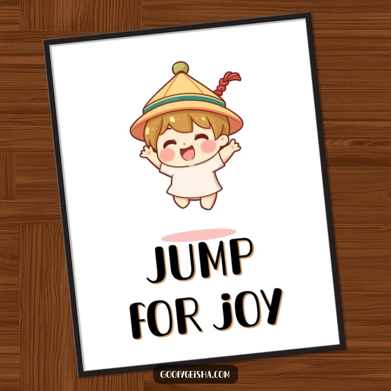 Funny poster art of a character in a tiny traditional hat, mid-joyful jump. Vibrant and celebratory wall decor.