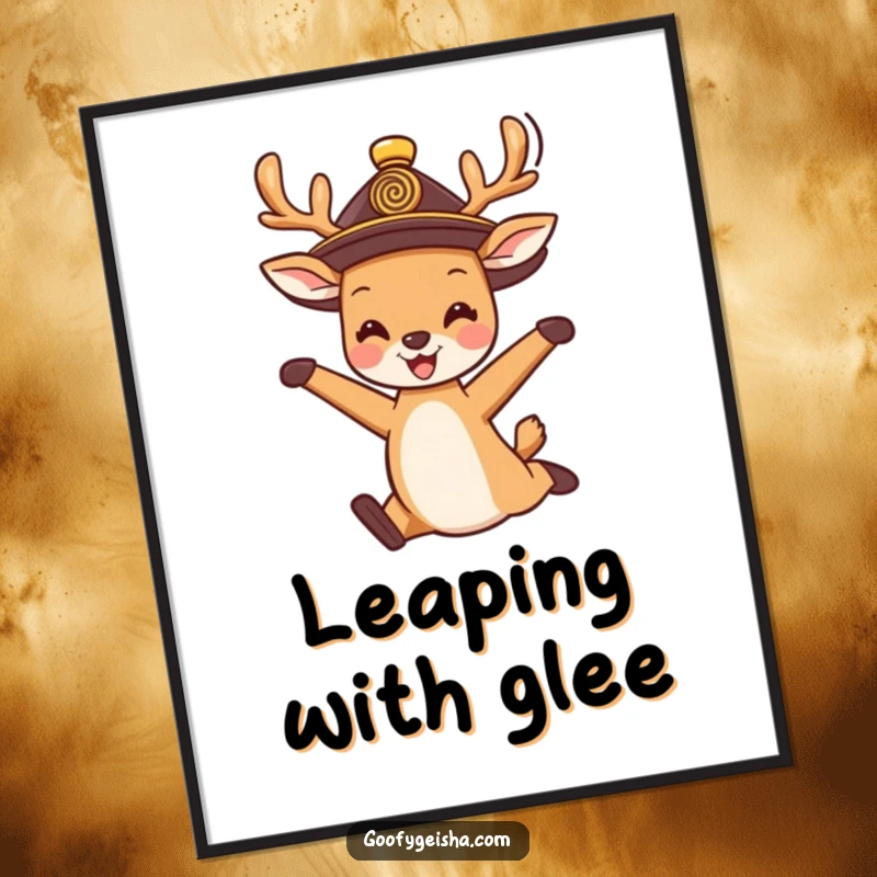 Funny Poster: A cute deer wearing a traditional hat, joyfully leaping, capturing a moment of pure happiness and spirited movement.