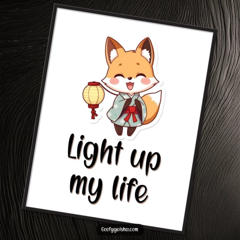 Funny Yukata Fox Poster: Adorable anime fox character in traditional yukata, holding a bright paper lantern, radiating warmth and festival cheer on your wall.