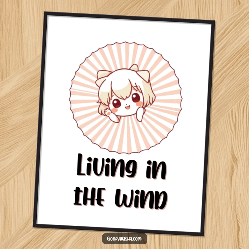 Funny poster print of a captivating character peeking from behind a large fan, giving a cute, welcoming wave.