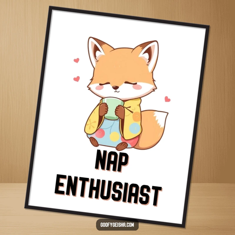 Funny poster art of a sleepy fox in a colorful kimono, dozing off with a teacup, perfect for a calm, amusing space.