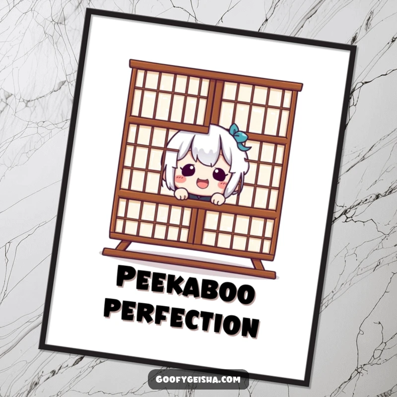 Funny Kawaii Poster: Character giggling behind Shoji screen, adding playful humor and charm to wall decor. Great funny gift.