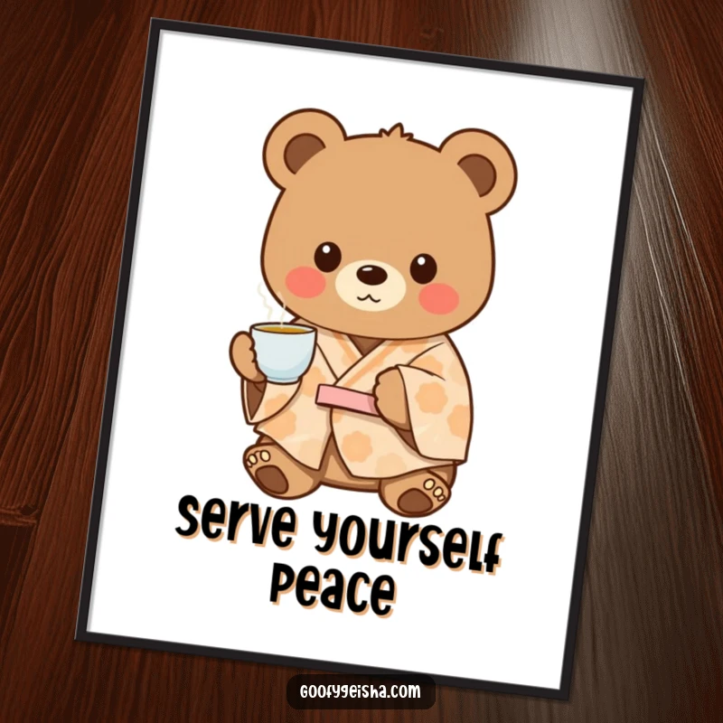 Funny charming bear wearing a patterned kimono, offering tea with kindness, ideal for a warm and cozy poster.