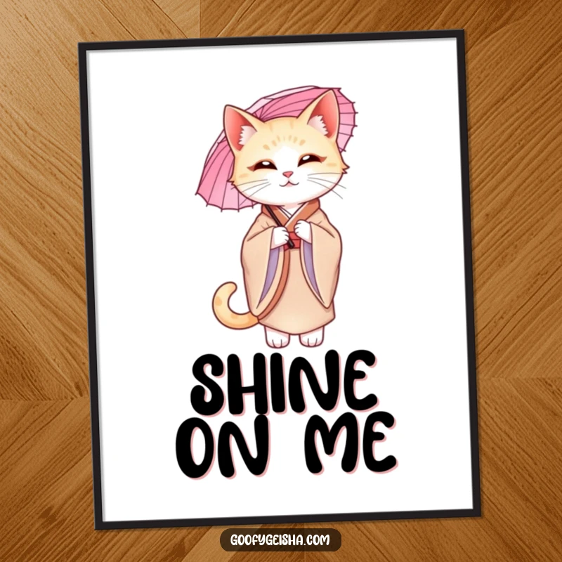 Funny graceful cat in a luxurious silk kimono, holding a parasol elegantly, ideal for a sophisticated poster.