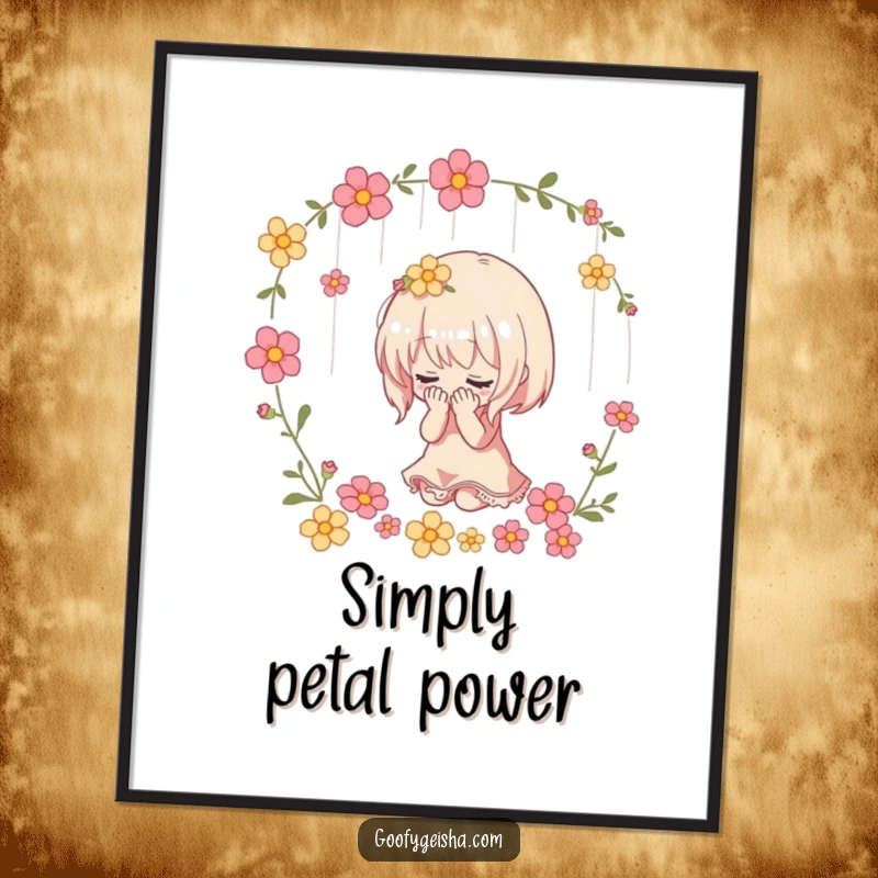 Funny poster displaying a small character dramatically bowing with a beautiful cascade of flowers showering down, creating a humorous art piece.