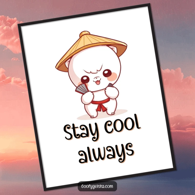 Funny poster art of a Kawaii character in a Japanese hat, fanning itself, adding adorable charm to decor.