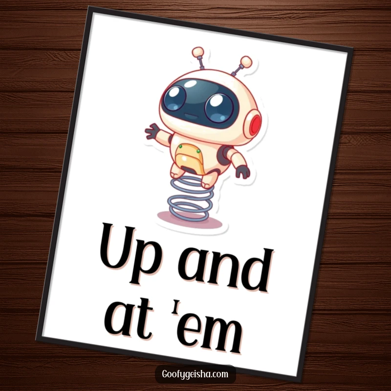 Funny poster art of a tiny, round robot with wide eyes bouncing high on a spring, conveying joy and movement.