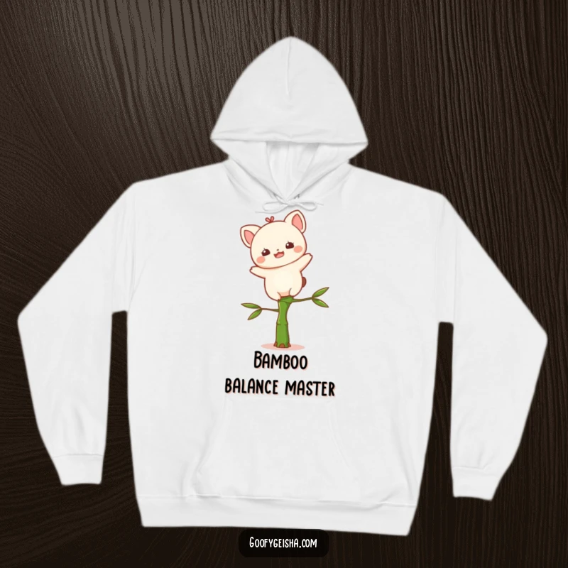 Funny Kawaii hoodie with a delighted character precariously balancing on a small bamboo stalk, offering cozy comfort and humorous charm.