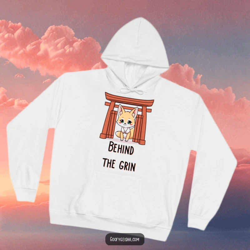 Funny Kitsune Fox Hoodie: Comfortable hoodie featuring a mischievous Kitsune character peeking with a grin from behind a Torii gate.