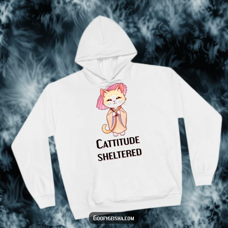 Funny graceful cat in a silk kimono, holding a parasol, depicted on a warm and sophisticated hoodie.