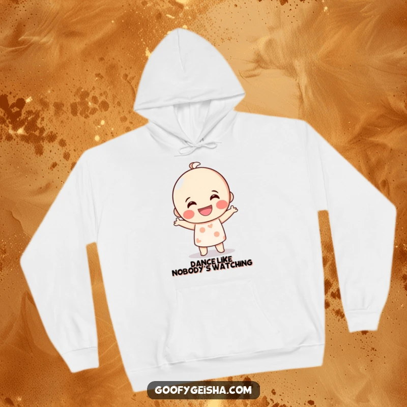 Funny Kokeshi doll hoodie showcasing a grinning character's silly dance, blending warmth with whimsical, energetic street style for a humorous vibe.