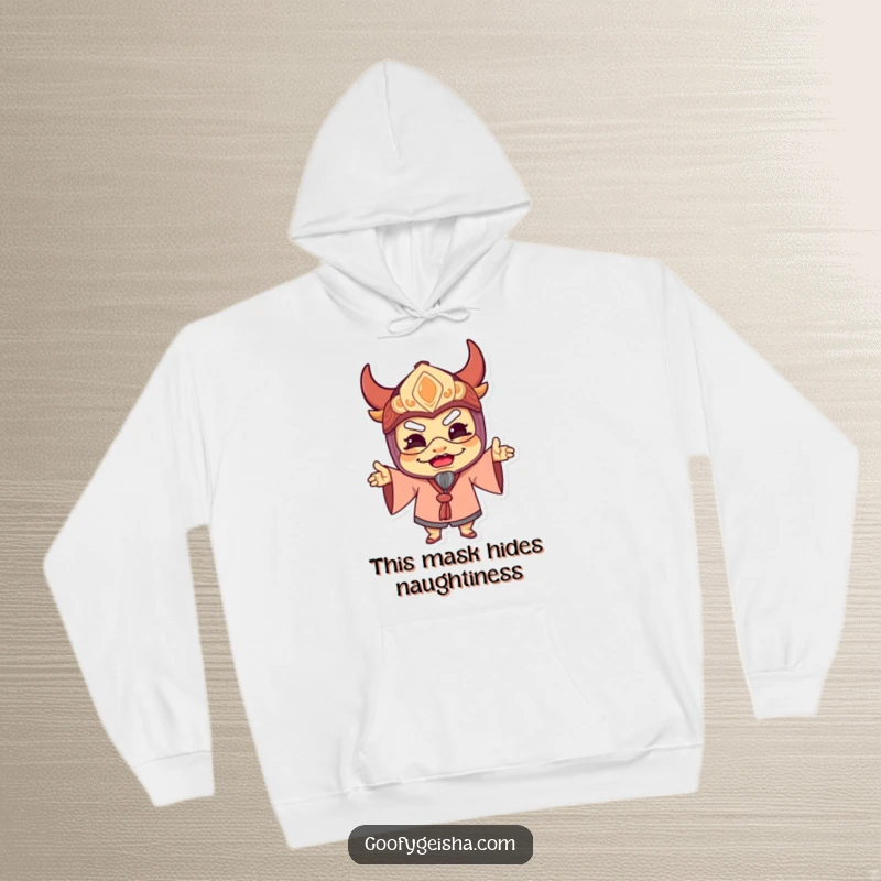 Funny hoodie depicting a character in a festive traditional mask striking a hilariously joyful and silly pose, perfect for cozy, happy days.