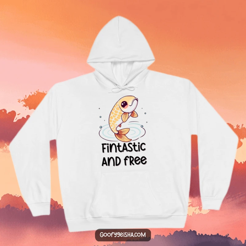 Funny hoodie with a lively koi fish character leaping energetically from stylized water ripples, perfect for cozy days.
