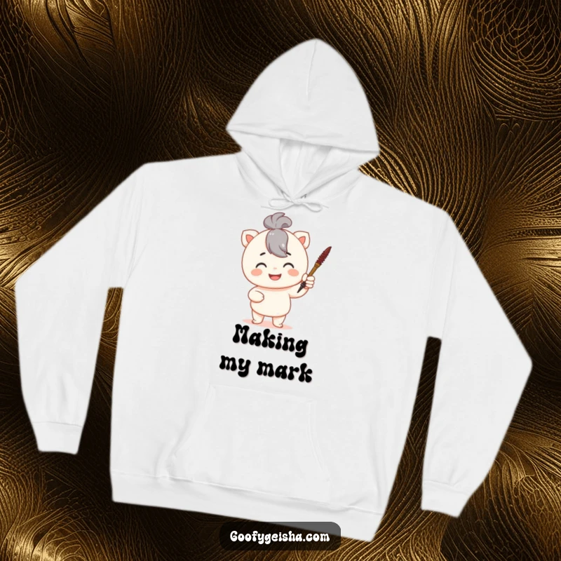 Funny hoodie featuring a proud character holding a tiny calligraphy brush, perfect for cozy artistic reflection.