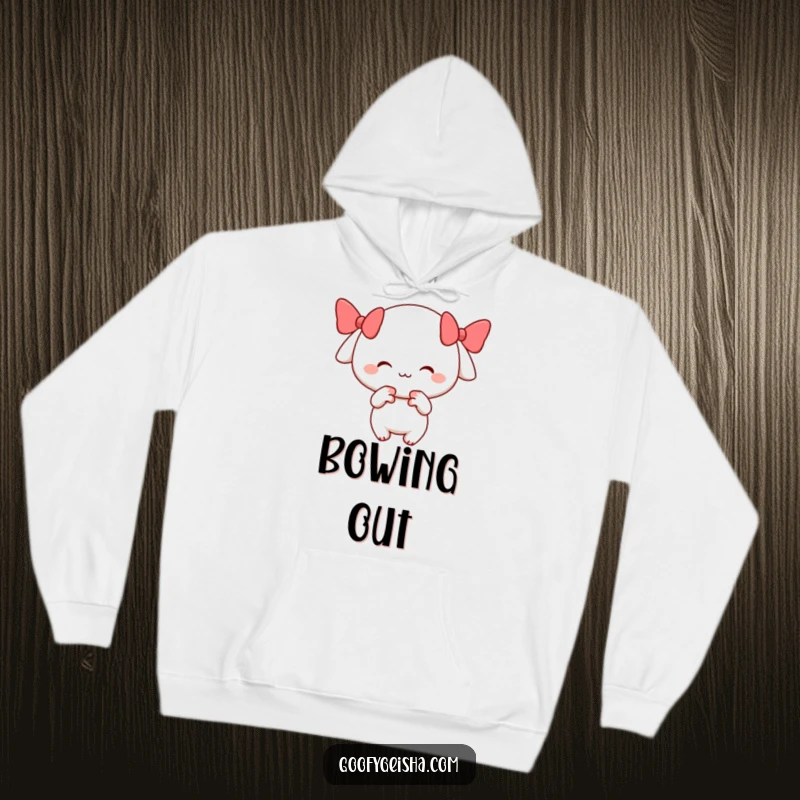 Funny hoodie featuring a cheerful character with a smile, performing a playful bow, perfect for cozy comfort and lighthearted fun.