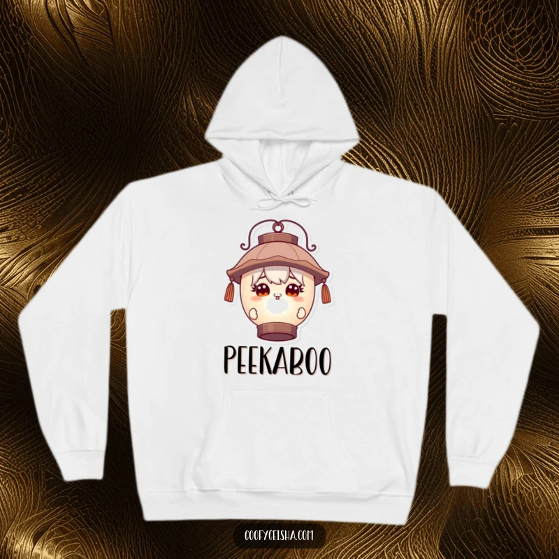 Funny hoodie featuring a character with wide, curious eyes peeking around a large lantern, perfect for cozy mystery and fun.