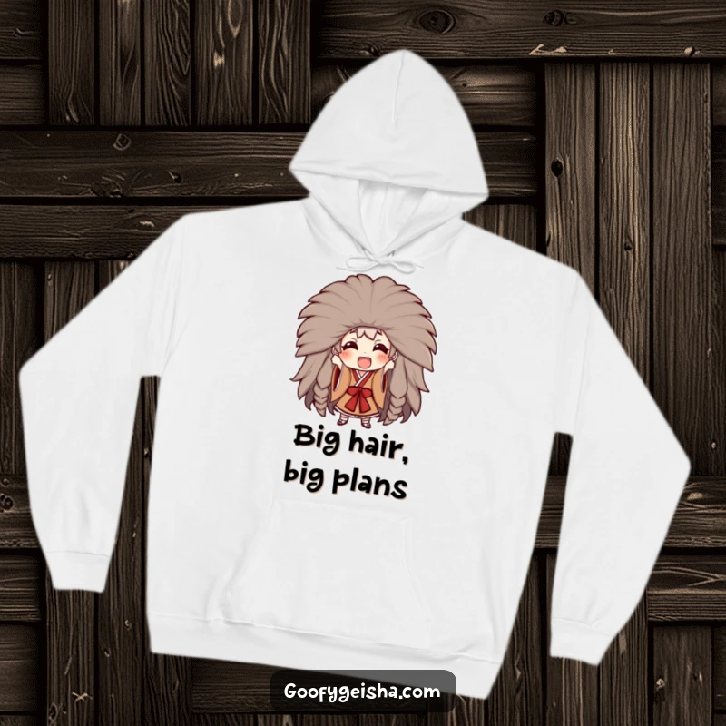 Funny hoodie featuring a character attempting to wear a massive Kabuki wig, offering cozy comfort and a touch of dramatic humor.