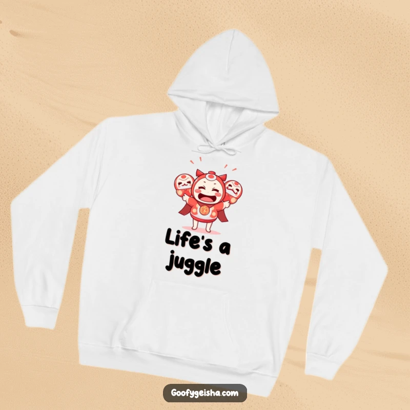Funny Kawaii Hoodie: Bewildered character juggling daruma dolls with a funny expression, perfect for cozy humor. Great funny gift.