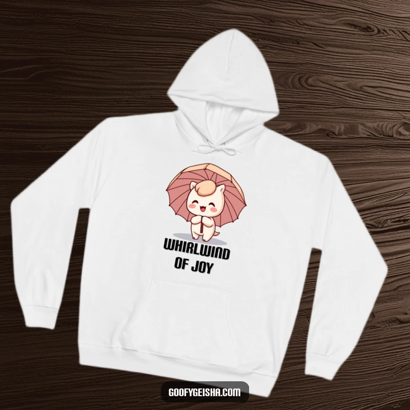 Funny Kawaii hoodie featuring a cute character happily spinning with a comical umbrella tilted sideways, symbolizing cozy fun.