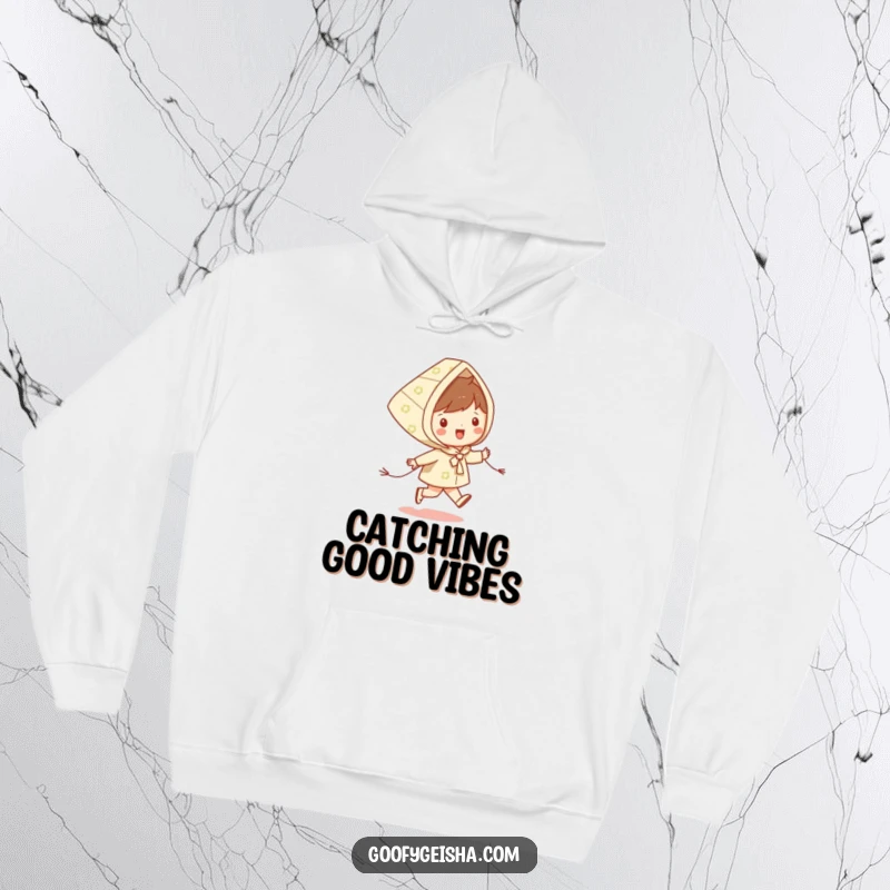 Funny hoodie featuring a happy character skipping with a patterned kite, designed for cozy comfort and cheerful vibes.